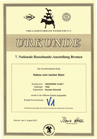 Kabous Urkunde von der Nationalen Rassehunde-Ausstellung in Bremen 2015