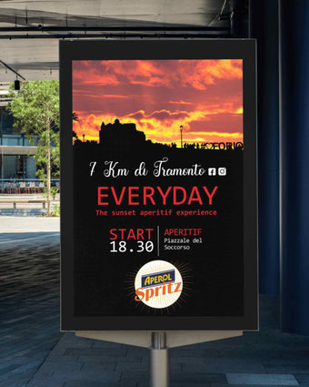 Grafica per la promozione dell'aperitivo al tramonto con l'utline del panorama originale del piazzale del soccorso di Forio