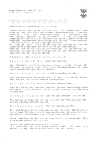Flugblatt der Ortspartei SP, 2. Okt. 1985