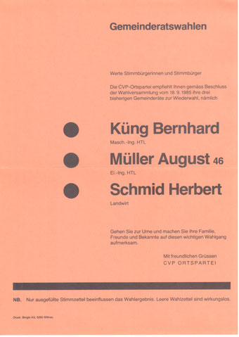 Flugblatt der Ortspartei CVP, 2. Okt. 1985