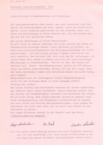 Flugblatt, 4. Okt. 1985