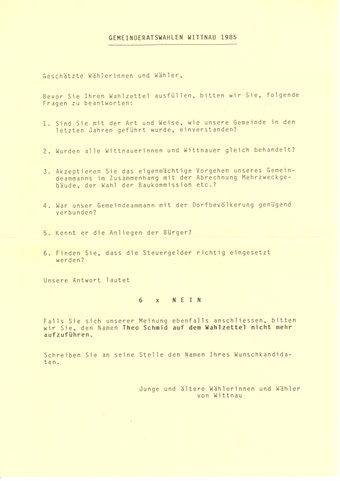 Kritik an Theo Schmid, Flugblatt vom 3. Oktober 1985