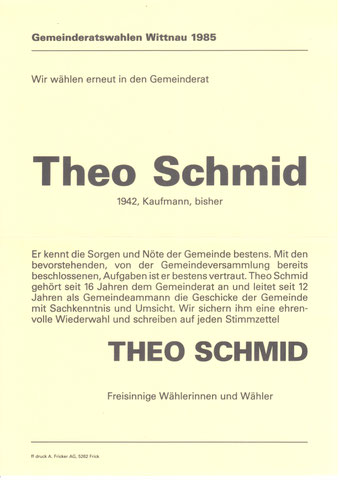 Flugblatt, 2. Okt. 1985: Werbung Theo Schmid