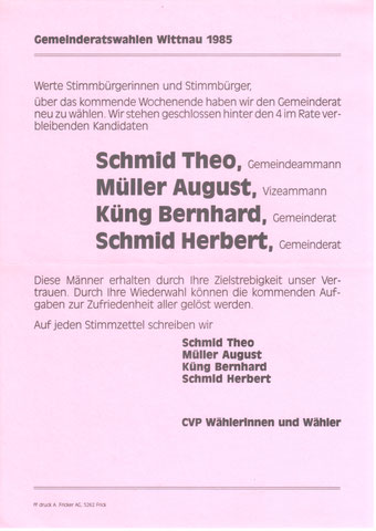 Flugblatt, 2. Okt. 1985: Werbung für die Bisherigen