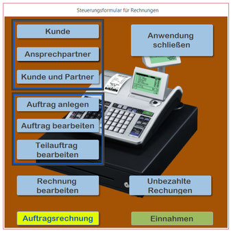 Grafische Benutzeroberfläche (GUI) für eine Access Datenbankanwendung zur Kunden- und Rechnungsverwaltung eines kleinen Unternehmens