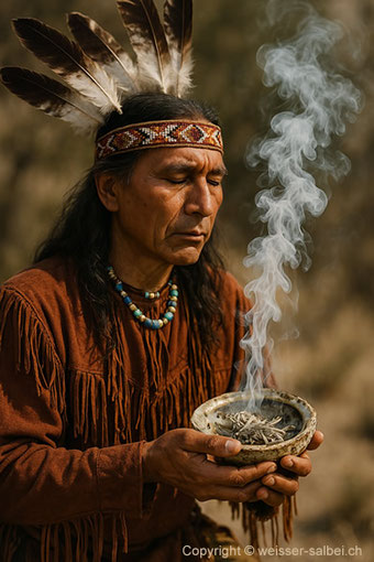 Traditionelles Räuchern der indigenen Völker Nordamerikas mit weissem Salbei.