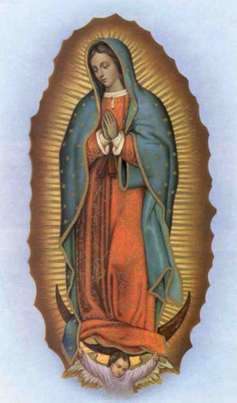 Hidden Messages Revealed In Our Lady Of Guadalupe Image Free Gift For End Times [image is a painting of mary kneeling in prayer with a golden rayed sun and roses behind her. hidden messages revealed in our lady of