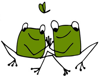 Zwei gezeichnete Karikaturen von Fröschen machen ein High Five