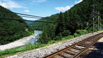 中井侍駅の眼下には天竜川が流れる
