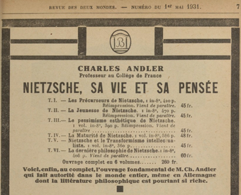 Publicité des éditions Bossard insérée dans la Revue des Deux Mondes du 1er mai 1931