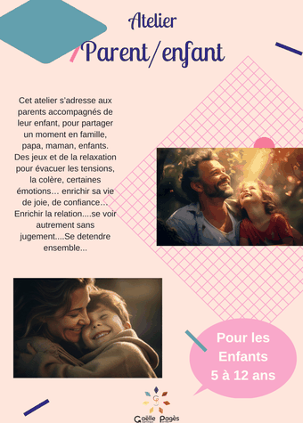 Affiche de l'atelier parent-enfant de Gaëlle Pagès au Pertuis – Moment de partage et relaxation pour enfants de 5 à 12 ans, visant à enrichir la relation familiale par le jeu et la sophrologie.