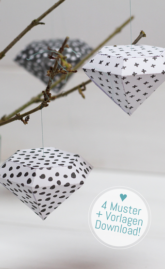 Anleitung zum Basteln von Papier-Diamanten mit Muster. Vorlage www.minieco.co.uk, Muster und Anleitung zum download www.die-kleine-designerei.com