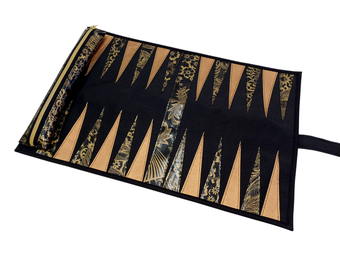 Backgammon Reisespiel zum Zusammenrollen floral Schwarz Gold 