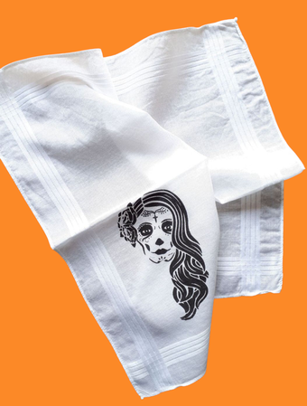 Vintage Taschentuch weiß mit Aufdruck Calavera Frau