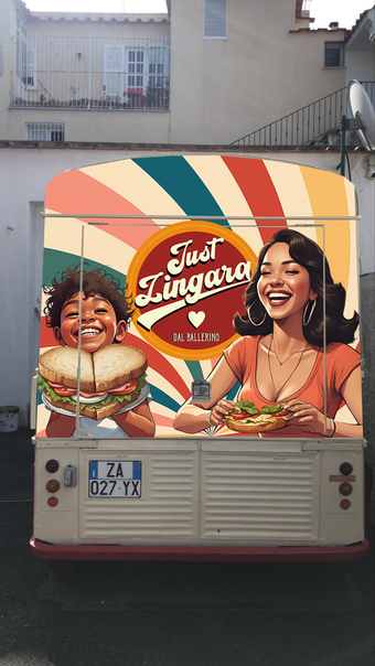 Grafica per adesivi promozionali a tema "Just Zingara" dal Ballerina - Forio per l'applicazione si camioncino vintage.