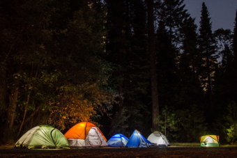 Hell beleuchtete Zelte stehen vor einem Wald in der Nacht