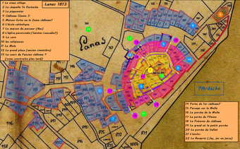 Repèrage des points d'intérés du village sur le cadastre 1813.