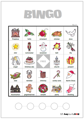 Christmas（クリスマス、 Xmas）に関する英単語が学べる無料ダウンロード教材／BINGO（ビンゴ）