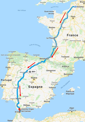 France-Espagne : environ 2 400 km, majoritairement sur routes à 2 x 2 voies