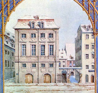 Detail eines Aquarells des Leipziger Gewandhauses von Felix Mendelssohn. 1836.