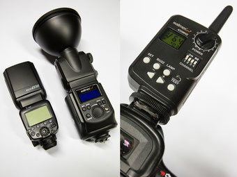 Größenvergleich mit Canon 600 EX-RT und Funkauslöser mit Steuerungsfunktion