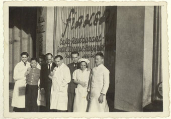 Austrian refugee Hans Jabloner and his business partner Fritz Strehlen in front of their Cafe & Restaurant Fiaker on 997 Av. Joffre (Huaihai Rd.). Source: Sammlung Jabloner