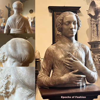 Dama del Mazzolino (Lady with Flower Bouquet), Andrea del Verocchio, c. 1475. Bargello, Florence. Epochs of Fashion