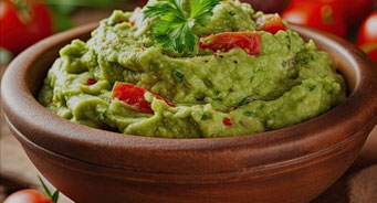 Schale mit frisch gemachter cremiger Guacamole, kleinen Tomatenstückchen, garniert mit Kräutern