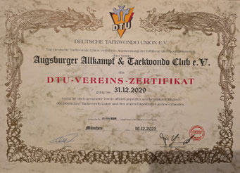 Offizielles Vereinszertifikat der Deutschen Taekwondo Union für den AATC e.V.