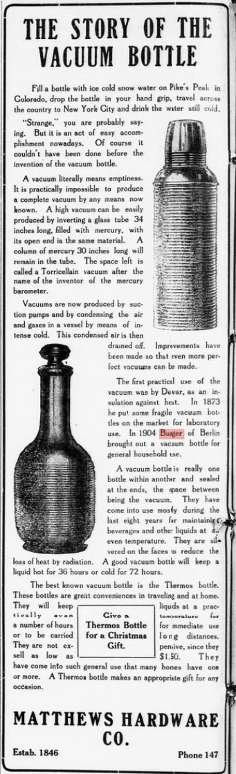 Werbung 1913 mit der Thermos und Reinhold Burger, dem Erfinder