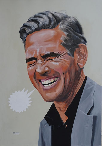George Clooney, Portrait, Lachen, Sprechblase, Gemälde von Matthias Lass