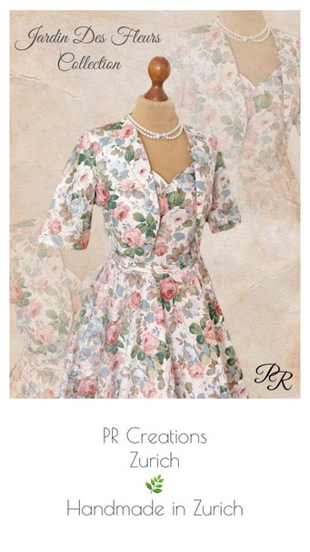 PowderRoom Vintage Boutique Kleid im 1950er Jahre Stil Kollektion von PR Creations Zurich. Im Stil der 50er Jahre mit Blumenmuster und einem Bolero im Vintage Kleider Stil.
