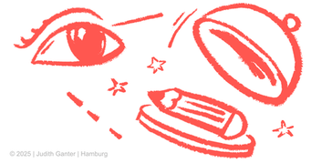 Sketchnote: Ein offenes Auge schaut auf eine Servierglocke, auf der ein Stift liegt. Sternchen funkeln. – Illustration von Judith Ganter, 2025, Hamburg.