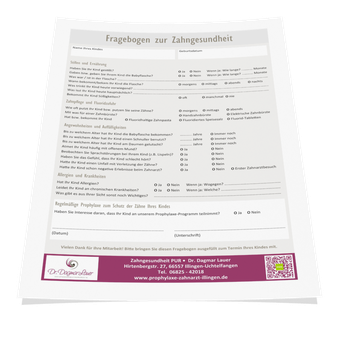 Fragebogen zur Zahngesundheit Ihres Kindes. Bitte herunterladen, ausdrucken, ausfüllen und mit in die Praxis bringen. Klicken Sie links auf das PDF-Symbol!