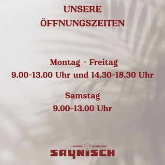 Unsere Öffnungszeiten: Mo. bis Fr. 9 Uhr bis 13 Uhr und 14.30 Uhr bis 18.30 Uhr, Samstags 9 Uhr bis 13 Uhr
