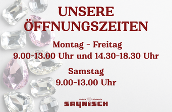 Unsere Öffnungszeiten: Mo. bis Fr. 9 Uhr bis 13 Uhr und 14.30 Uhr bis 18.30 Uhr, Samstags 9 Uhr bis 13 Uhr