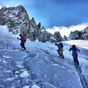 Three skier doing ski mountaineering in Argentière Chamonix Valley France