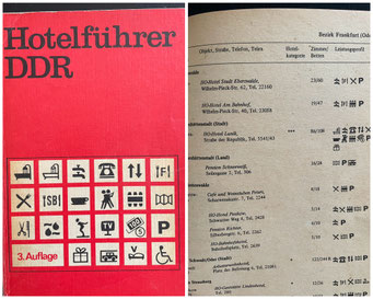 Der DDR-Hotelführer. Rechts: Auf den Piktogrammen konnte man die Ausstattung der Zimmer ablesen.