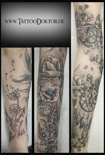 Tattoo Narben Cover, CoverUp Tattoo, TattooRitual TattooDoktor Tattoo Mohn, Getreide, Löwenzahn, Schmetterling, Kirschblüten
