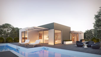 Modernes Haus mit Pool im Vordergrund