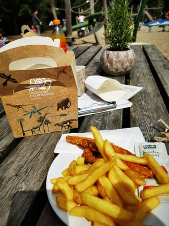 Pommes im Biergarten am Spielplatz des Dinoparks Altmühltal