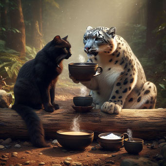 KI-generiertes fotorealistisches Bild eines schwarzen Katers und eines Schneeleoparden, die im Wald Kaffee aus einer großen Schale trinken. 