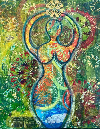 Intuitives Mixed Media Art Kunstwerk von Atelier Meermaid Art in Worpswede (Grüne Frauenfigur)