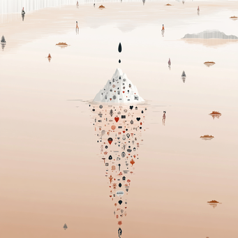 Iceberg minimalista con símbolos ocultos debajo del agua, representación del análisis cualitativo profundo