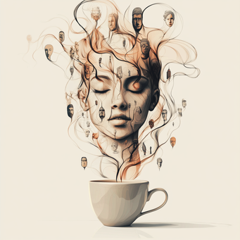 Taza de café con vapor convertido en símbolos, metáfora de la espera en el análisis cualitativo