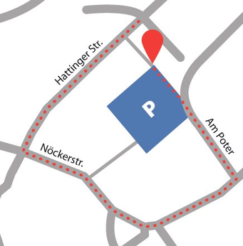 Karte: Eingang und Parkplatz sind zu erreichen über Am Poter