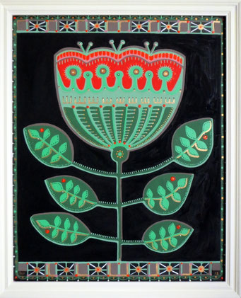 Il fiore, 2012, cm47.5x57.5. Acrylic paint on wood. The picture has a vintage, white wooden frame.