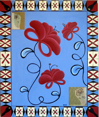 Tre fiori rossi, 2007, cm80x100, acrylic and natural pigments on canvas with collage detail, hand painted wooden frame.