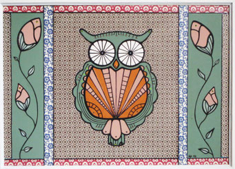 Il gufo, 2012, cm51x37.5. Mixed media on wood. The picture has a vintage, white wooden frame.