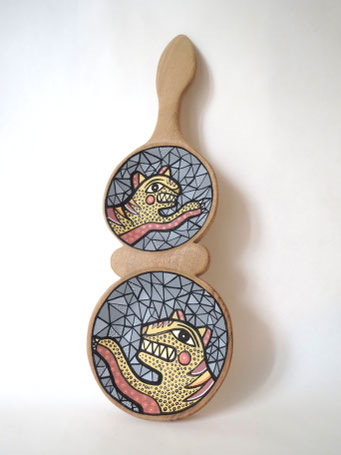 Tigers, 2020, hand painted, hand carved walnut wood plate, cm35x12.5.